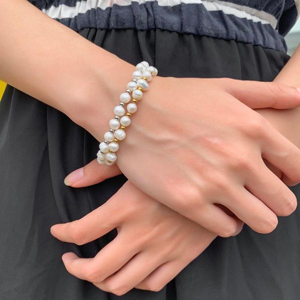 

beaded, strands fashion freshwater pearl bracelet gold silver color metal beads beaded bracelets for women girl elastic rope chain party jew, Black