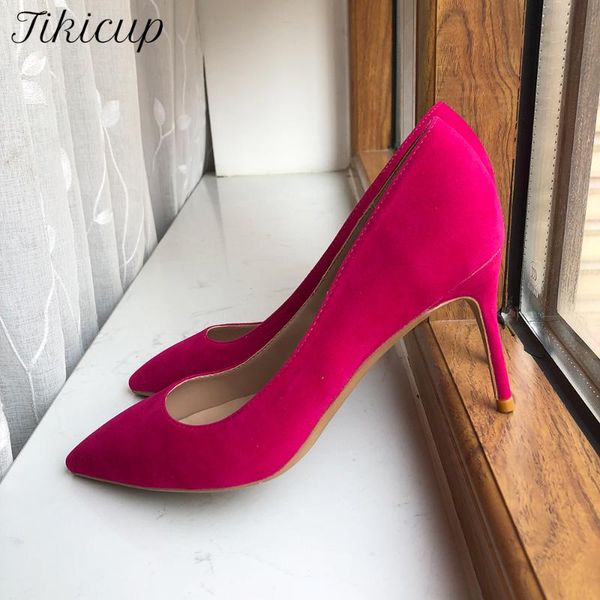 

dress shoes tikicup rose pink women flock pointy toe elegant high heel wedding bridemaids classic style faux suede stiletto pumps, Black