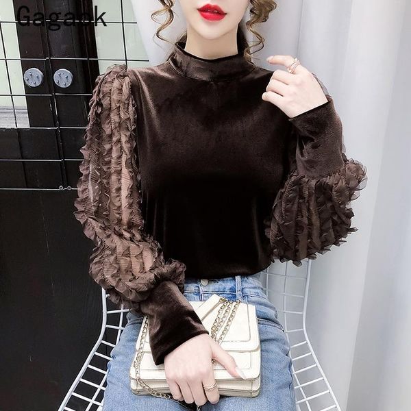 

women's t-shirt gagaok woman tshirts 2021 spring autumn vintage ruffles patchwork turtleneck tee slim korean fashion chic wild pullover, White