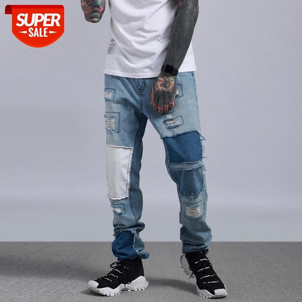 

old patch casual pants fashion brand men's wash jeans patching cloth washing holes blue color hip hop style trousers #al6e