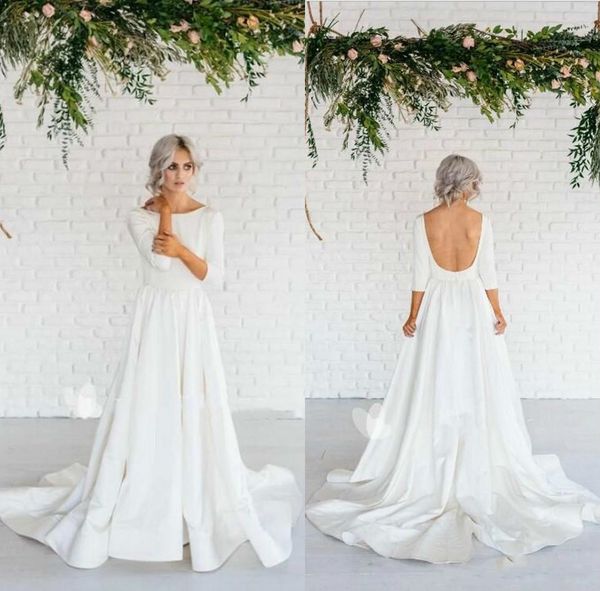 

simple boho a line wedding dresses scoop neck backless 3/4 long sleeve satin beach wedding dress bridal gowns vestios de, White