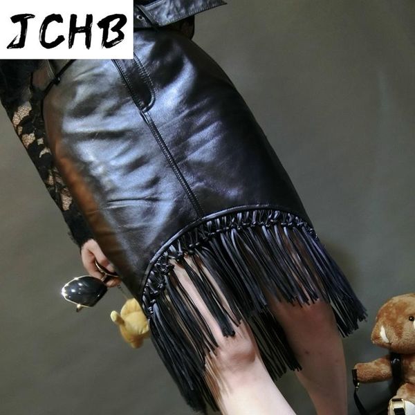 

skirts jchb 2021 women's skirt 100% sheepskin leather women black midi womens tassel spring autumn faldas mujer moda pph2