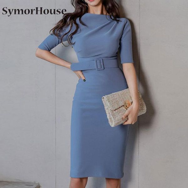 

party dresses slash neck half sleeve solid ol dress 2021 summer women casual sashes mid-length bodycon pencil vestidos femme autumn, White;black