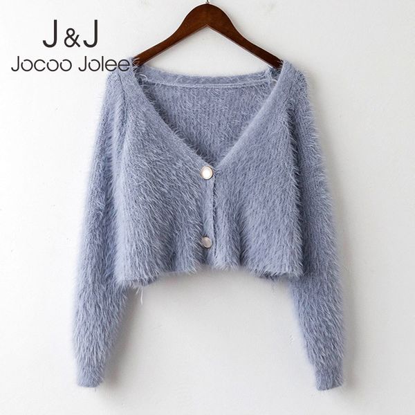 Jocoo Jolee Koreanische Stil Mohair Gestrickte Jacken Frauen Elegante V-ausschnitt Strickjacke Pullover Herbst Langarm Cropped Mäntel 210518