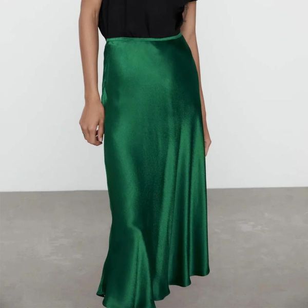 

women fashion elegance party midi skirt retro satin high waist a-line skirts zipper holiday middle length pleated, Black