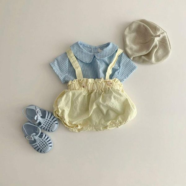 

jumpsuits born baby boys and girls bib short sling suit plaid summer cute casual infant rompers jumpsuit clothes sunsuit, Blue