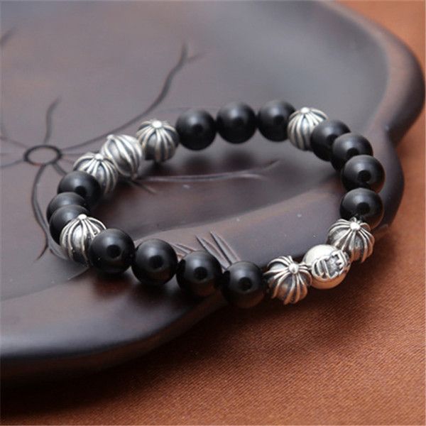 

925 sterling silver crosses beaded strands bracelets with black agate beads american european punk gothic handmade designer vintage luxury j