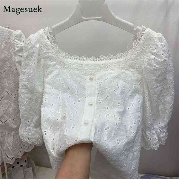 

korean sweet summer lace shirt vintage chic square collar embroidery woman white causal female clothing 13874 210512
