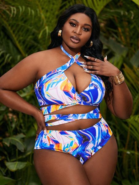 

plus allover print criss cross high waisted bikini swimsuit n0nq#, Black
