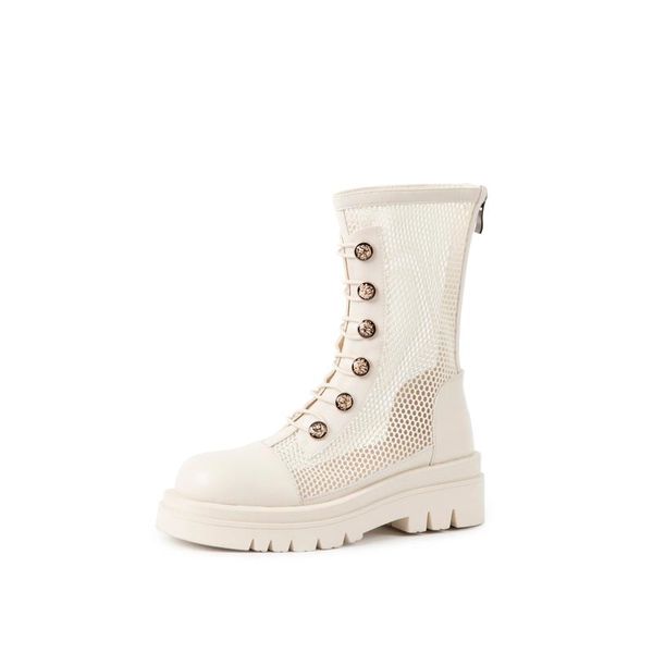 

boots 2021 mid-calf genuine cow leather zipper button woman thick platform flat mesh summer black milky