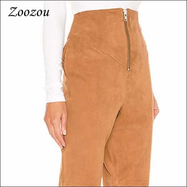 

high waist suede leather ankle length pants for women autumn zipper straight trousers elastic casual slim custom women's & capris, Black;white