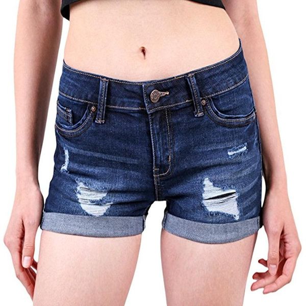

women's shorts plus size 3 xl women washed ripped hole jeans denim summer skinny high waist turn up cuff, White;black
