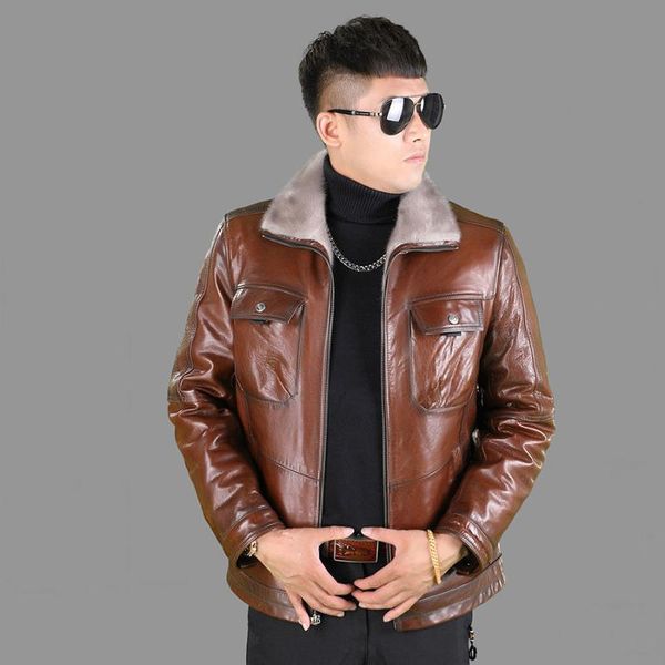 

men's leather & faux 2021 haining genuine coat whole mink inner liner short oil wax sheep fur integrated winter, Black