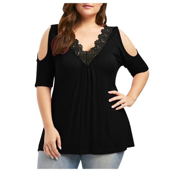 

plus size t-shirt ladies summer lace cold shoulder short sleeve shirt women blouse fashion tee woman casual female shirts, Black