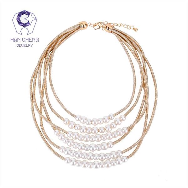 

hancheng fashion golden rope multilayer beaded pearl choker necklace women necklaces statement collar jewelry bijoux chokers, Golden;silver