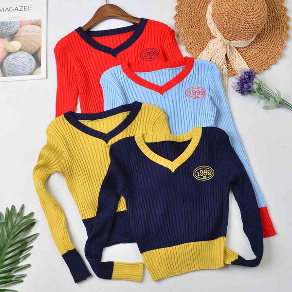 

women's t-shirt short embroidery thin knitted tee shirt female spring womens color matching v-neck slim long sleeve woman tshirts, White