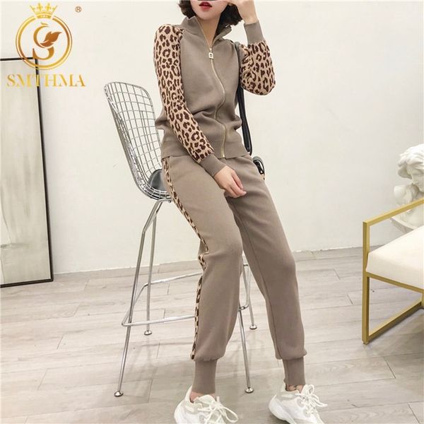 

arrival women leopard print knitting zipper cardigans + pencil pants 2pcs casual tracksuits jacket trousers sets 210520, White