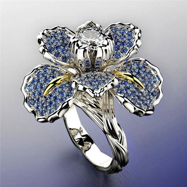 

cluster rings luxury female big white blue flower ring charm crystal zircon stone engagement elegant gold color wedding for women, Golden;silver
