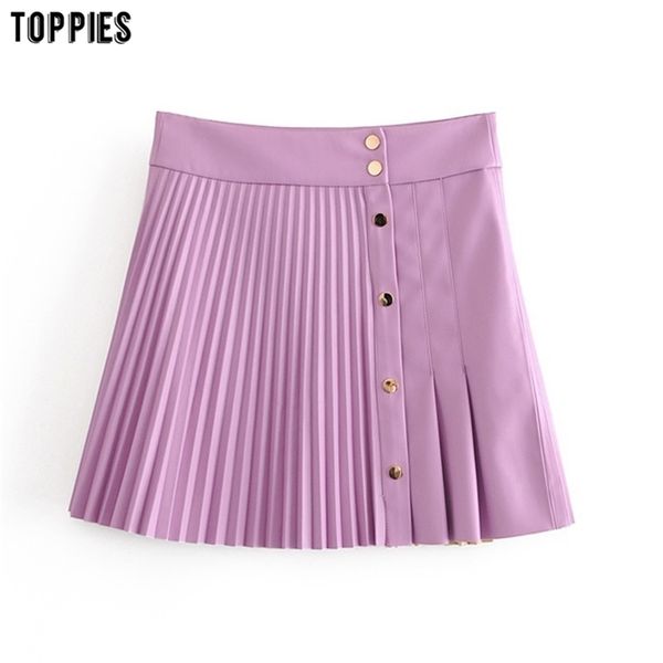 

womens faux leather mini skirts high waist pleated front button streetwear fall clothes 210421, Black