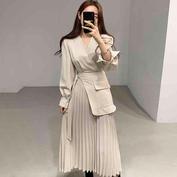 

casual dresses [ewq] korea chic fashion trend women v-neck cross tie pleated loose apricot long-sleeved suit dress summer 16e987 kvfc, Black;gray