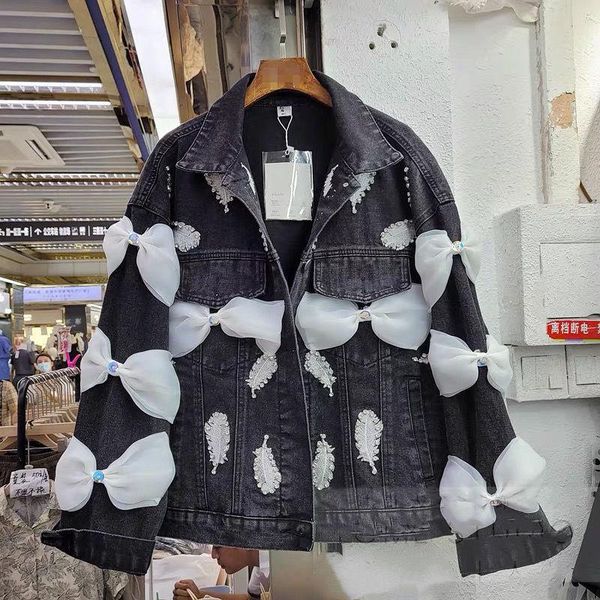 

women's jackets 2021 spring autumn women denim clothes bow diamond feather embroidery retro jacket single-breasted female jean coat, Black;brown