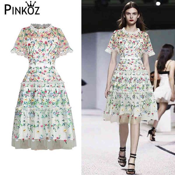 

runway designer floral embroidery sweet soft girl summer a-line knee length dresses party birthday casual robe 210421, White
