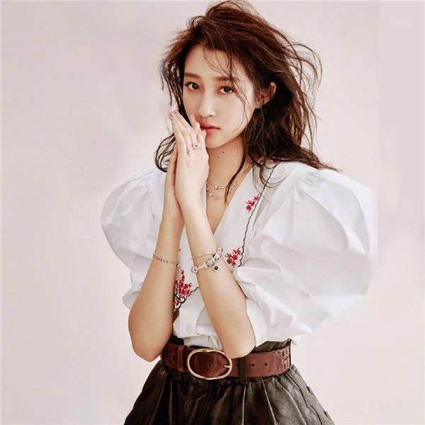

designer luxury shirts for women vintage floral embroidery v neck puff sleeve blouse short white women's blouses &