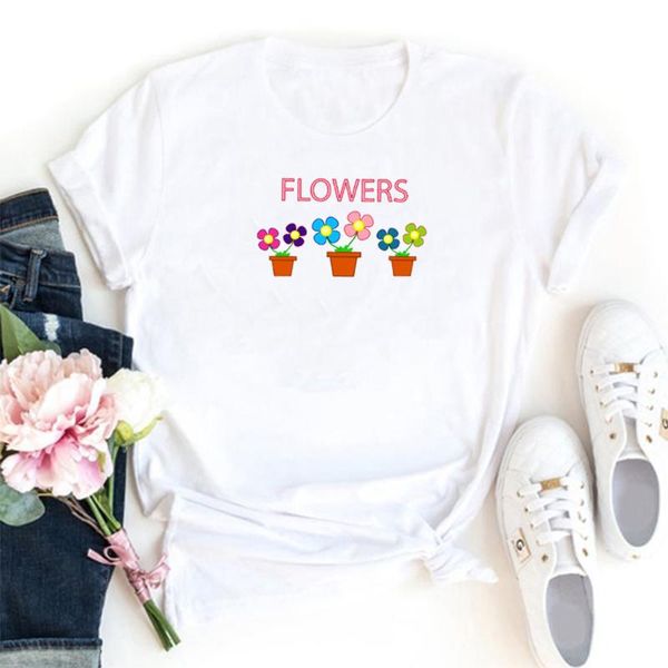 

women's t-shirt flowers t shirt women cartoons pattern tshirt funny cotton clothes tee femme aesthetic t-shirts, White