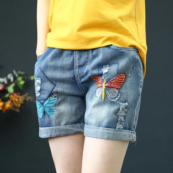

women's jeans vintage butterfly embroidery woman holes cotton denim shorts women summer 2021 casual loose plus size  - 3xl, Blue
