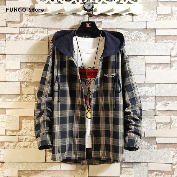 

england style hip hop streetwear casual plaid shirt men's long sleeve 2021 loose with hooded clothing shirts, White;black