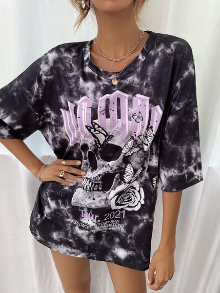 

skeleton and letter graphic tie dye oversized tee j6tr#, White
