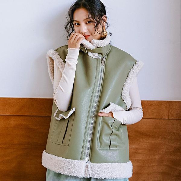 

women's leather & faux winter women lambswool fur overcoats luxury short casual thick warm plus size female 2021 olive green, Black