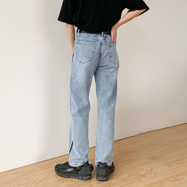 

men's jeans male japan korea streetwear hip hop trousers men vintage washed side stripe loose casual wide leg straight denim pants nsdb, Blue