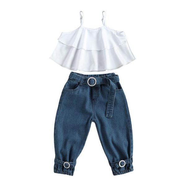 

clothing sets 1-6 years toddler girls sweet summer clothes spaghetti straps layered ruffle tank denim long pants with belt girl suit, White