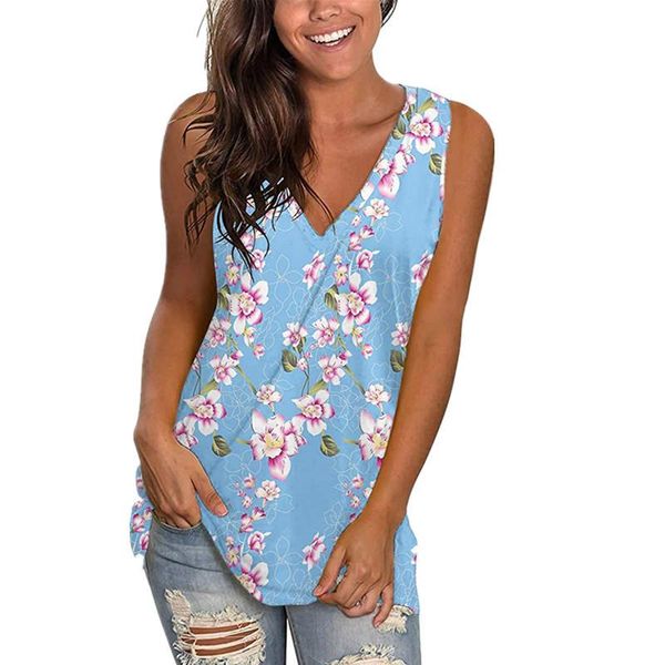 

women's t-shirt summer v neck sleeveless 2021 loose casual floral printed tshirt ladies beach tank mujer camisetas, White