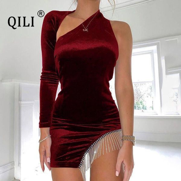 

casual dresses qili diamonds tassel dress for women one shoulder halter shorts velvet long sleeve minidress red black white, Black;gray