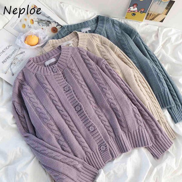 

neploe vintage twist design thicked warm knit cardigans sweater women o neck long sleeve single breast pull femme coat solid 210510, White;black
