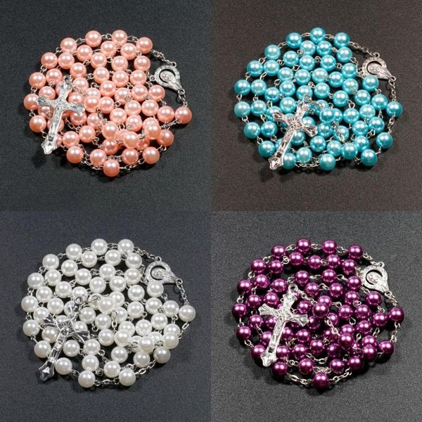 

2021 7 colors religious catholic rosary necklaces jesus cross pendant long 8mm bead chains for women men christian jewelry gift, Silver