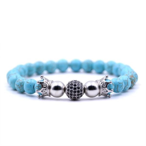 

kang hua 2021 personality 5 color 8mm stone bracelet pave cz charm silver double crown and ball bracelets for men&women jewelry beaded, stra, Black