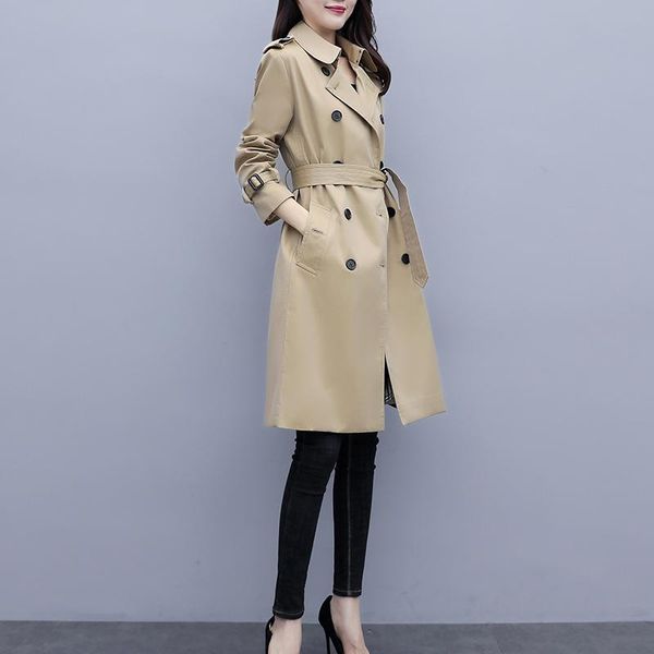 

women's trench coats 2021 ladies autumn lapel windbreaker fashion double breasted women, Tan;black