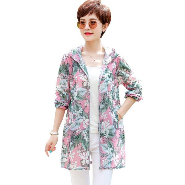 

women's trench coats mother sun protection clothes mid-length loose oversize print windbreaker jacket women thin summer hooded female, Tan;black