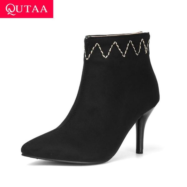 

boots qutaa 2021 fashion pointed toe flock sewing ankle zipper platform women shoes thin high heel winter boot size34-43, Black