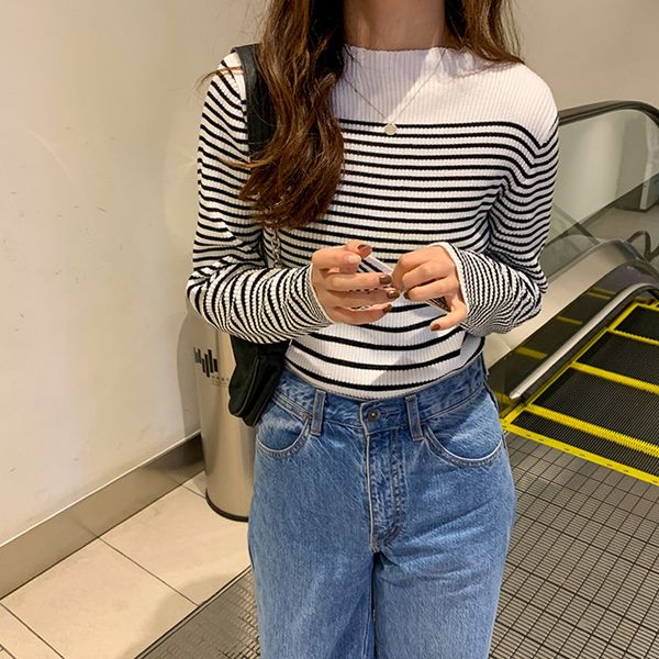 

2colors spring autumn korean style knitted black white striped long sleeve t-shirt womens tees shirt femme (f6696) 210423