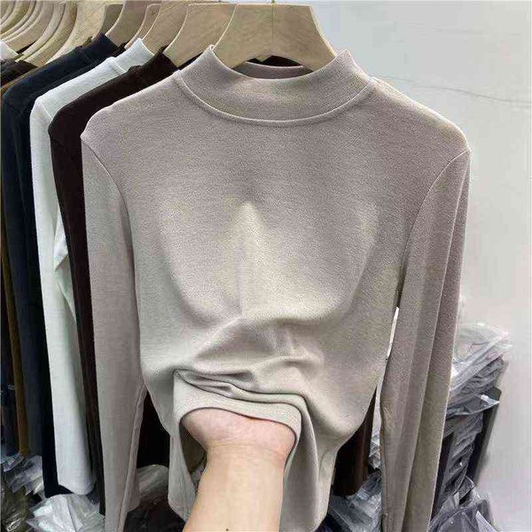 

women's sweaters pure soft cotton long sleeve t-shirt bottoming shirt women's 2021 winter pure color semi high neck thin inner top, White;black