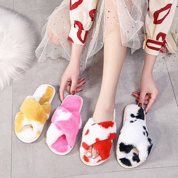 

slippers 2021 fashion female winter cross plush slides shoes women home bedroom non-slip furry footwear outdoor flip flops, Black