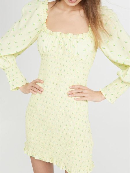 

women backless sundress long sleeve floral print prairie chic square collar buttons elastic lady mini dress casual dresses, Black;gray