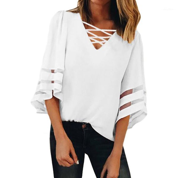 

criss cross neck 3/4 bell sleeve blouse black pink white women's blouses & shirts