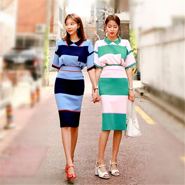 

women's suits & blazers spring summer women fashion sweet knitted loose striped blouse pullovers and knee-length skirt ladies 2 pieces, White;black