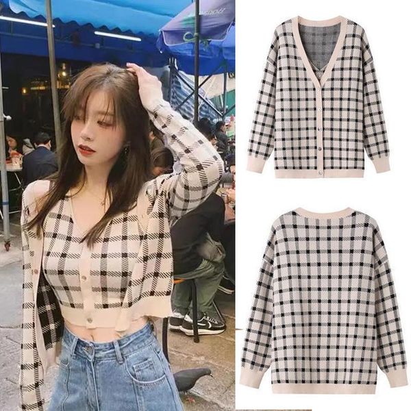 

women's jackets 2021 women short suspenders plaid knitted coat two-piece suit fashion v-neck spring autumn slim retro female, Black;brown