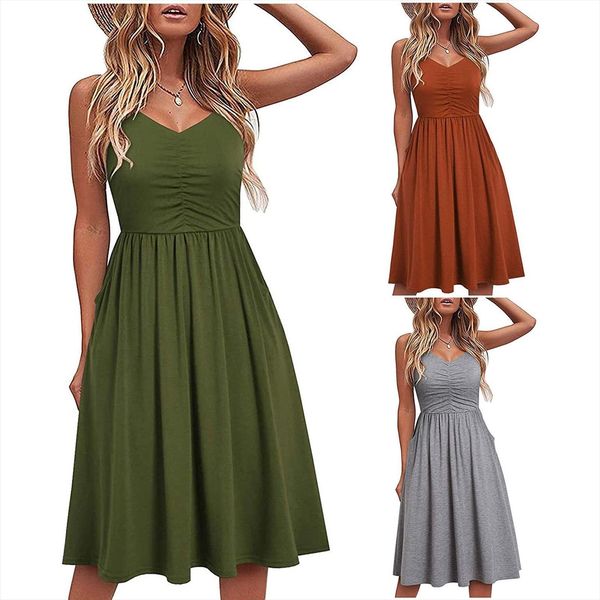 

beach boho solid color womens dresses v neck sleeveless loose a line summer women casual midi sling vestidos, Black;gray